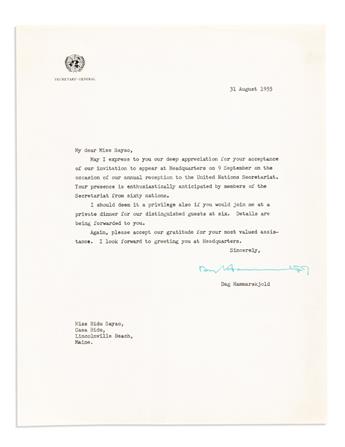 HAMMARSKJOLD, DAG. Two Typed Letters Signed, as United Nations Secretary General, to opera singer Bidu Sayão or Meet the Press program